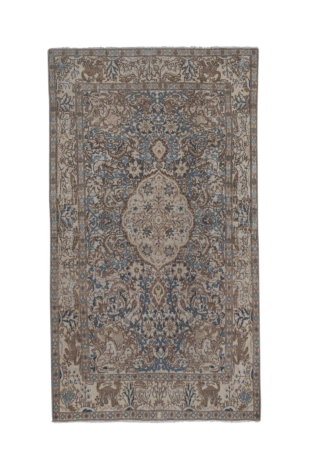 Vintage Botanical Animal Handmade Wool Rug 3'4'' X 5'11''