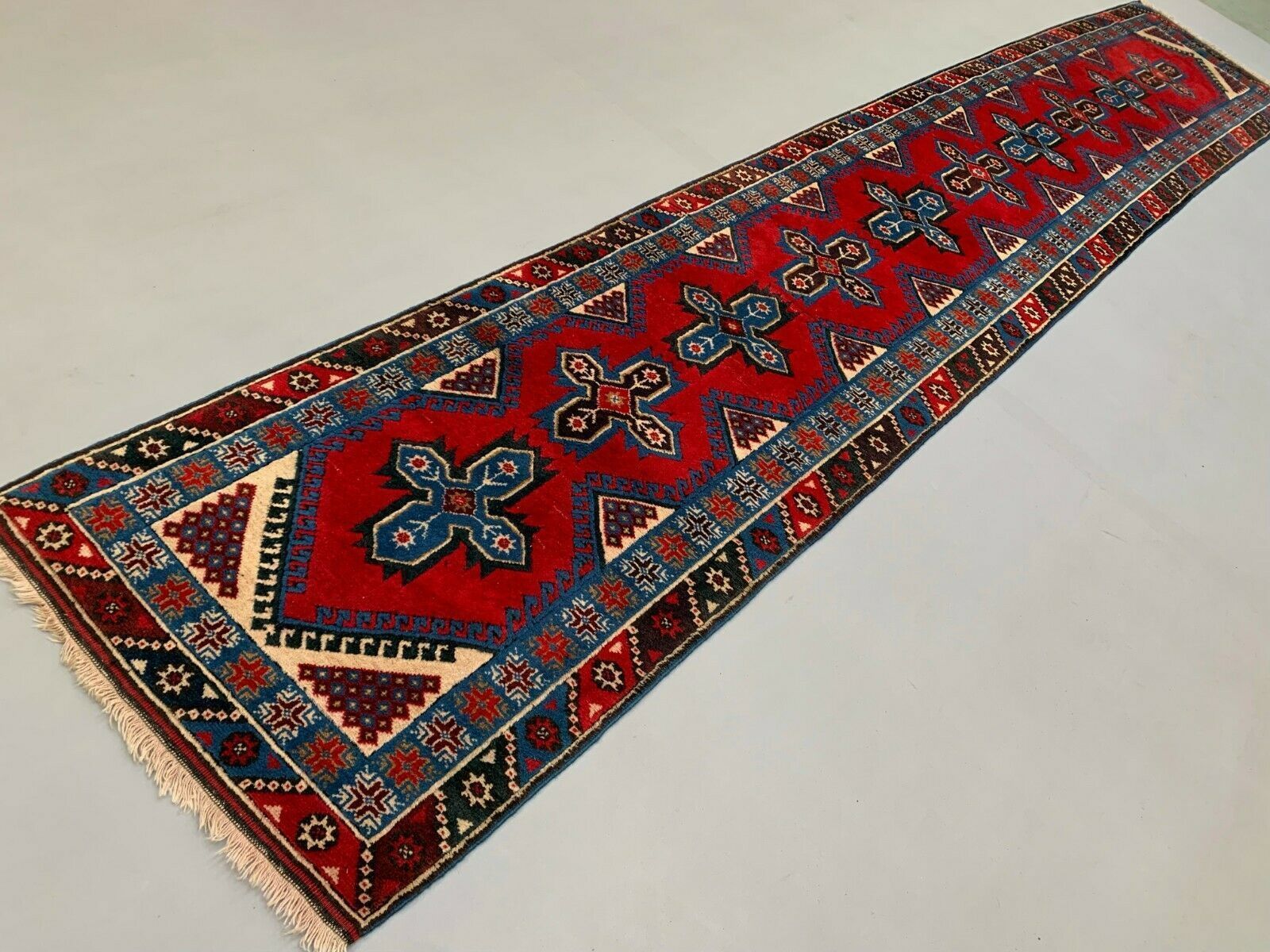 Very Long Turkish Runner Tribal Rug, Red, Beige, Blue, Vintage photo vinterior
