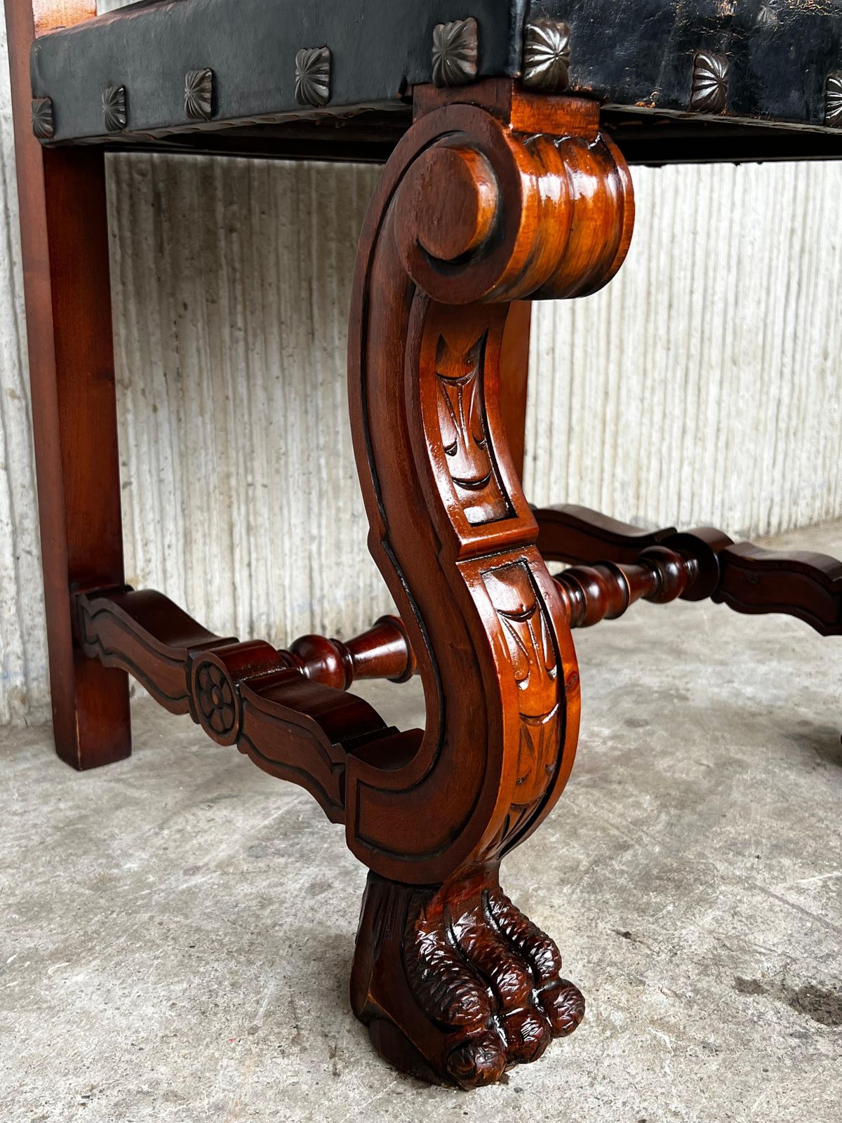 5267.0 Early 20th Set Of Six Spanish Carved Chairs With Black & Brown Embossed Leather photo