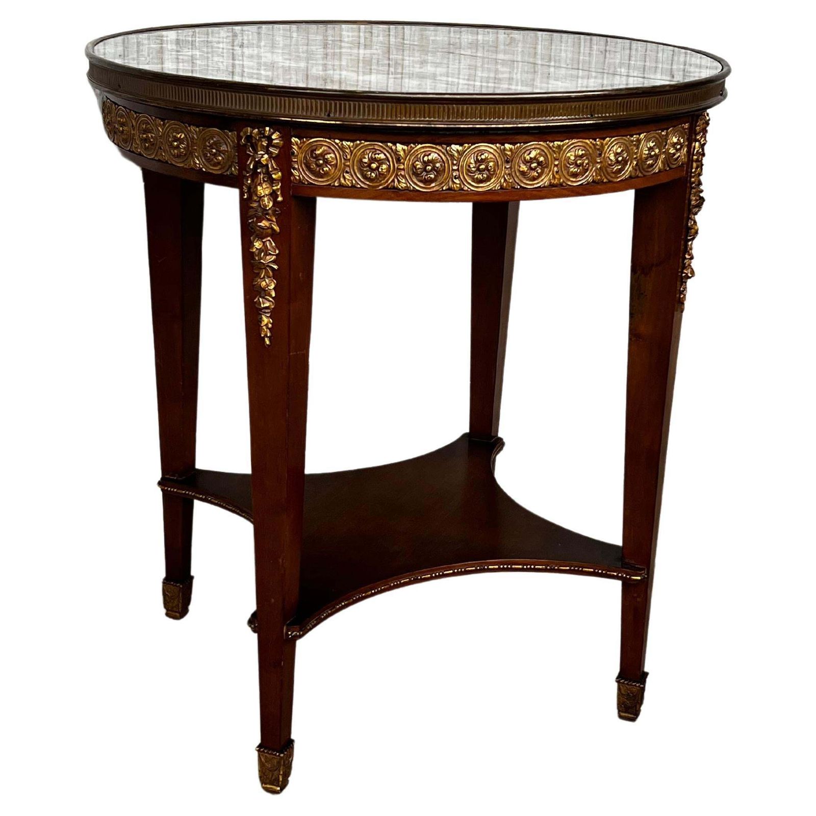 Table d'appoint française de style Louis XVI en bronze, marbre rond et chêne, XXe siècle