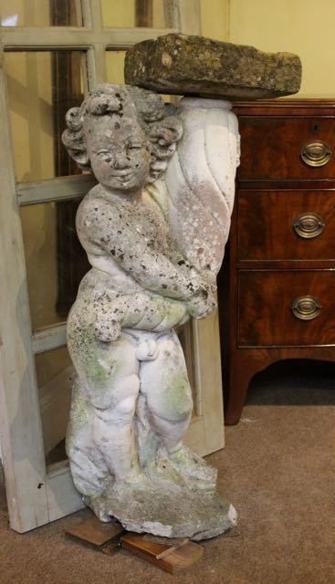 Reconstituted Stone Figureof A Boy Holding Up A Laterham Stone Bird Bath photo furniture