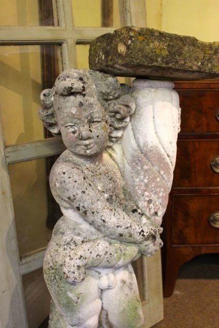 Reconstituted Stone Figureof A Boy Holding Up A Laterham Stone Bird Bath photo for sale