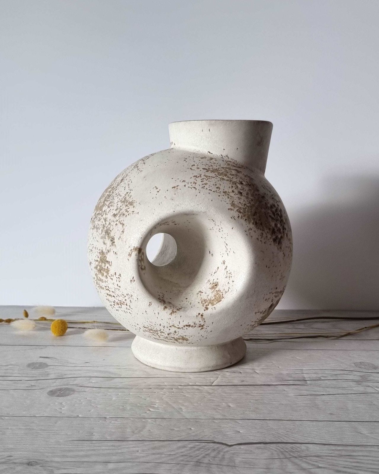 Duif Keramiek Sculptural Globe, Statement Jug Vase In Nutmeg Speckled Stoneware Cream Glaze, 1970s photo vinterior
