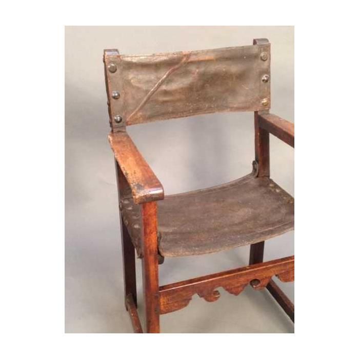 18thc Walnut Italian Leather Strap Back And Seat Armchair photo furniture