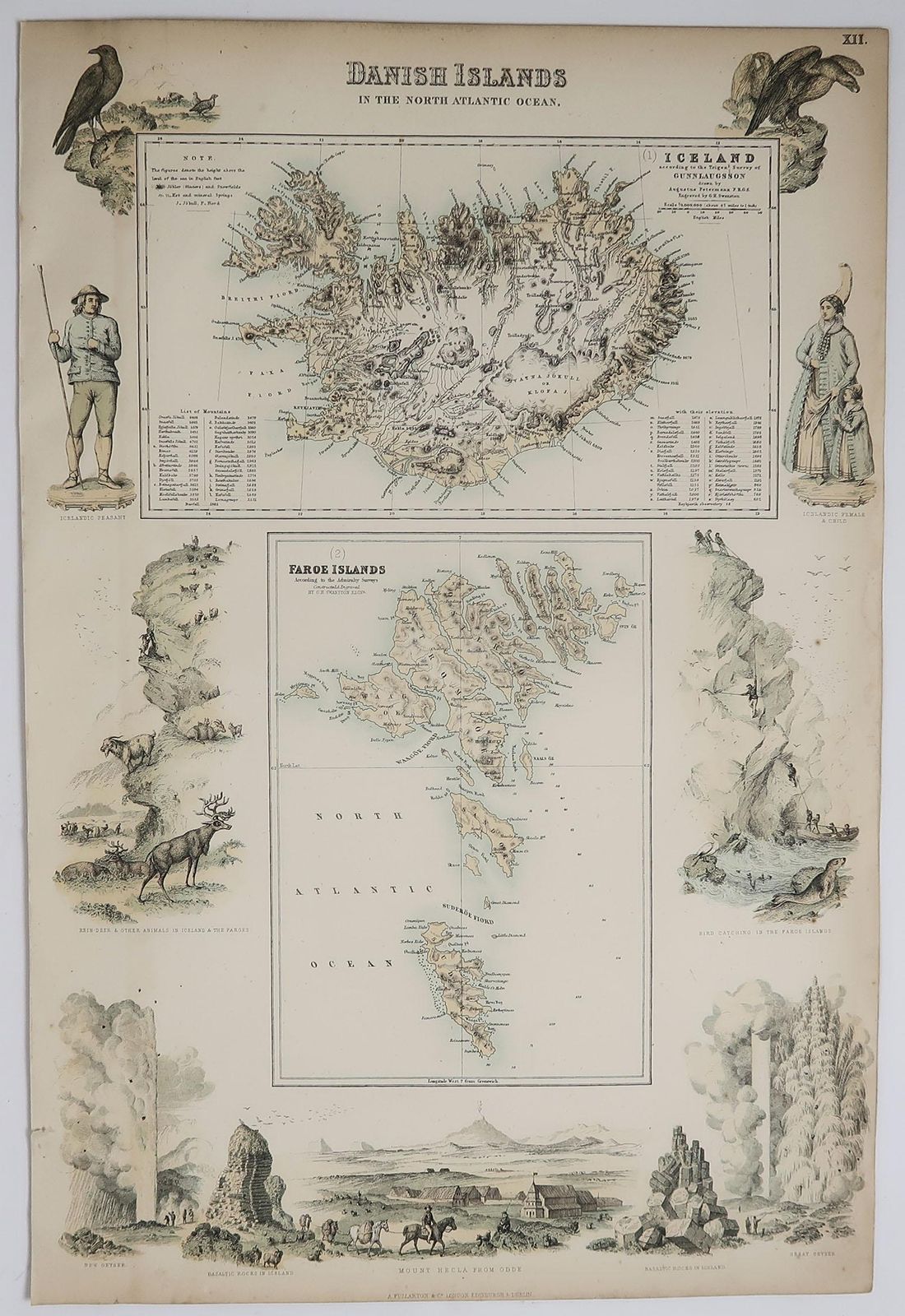 Original Antique Decorative Map Of Iceland And Faroe Fullarton C.1870 photo for sale