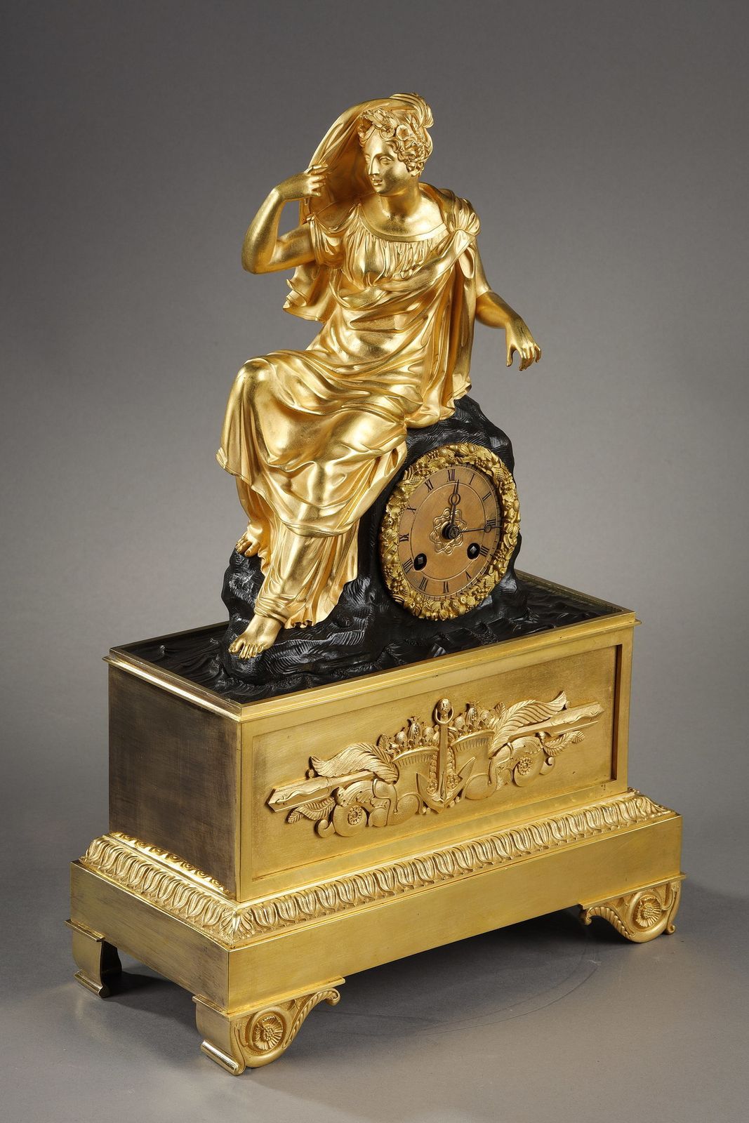 Restoration Period Clock In Gilt Bronze With A Young Woman photo for sale