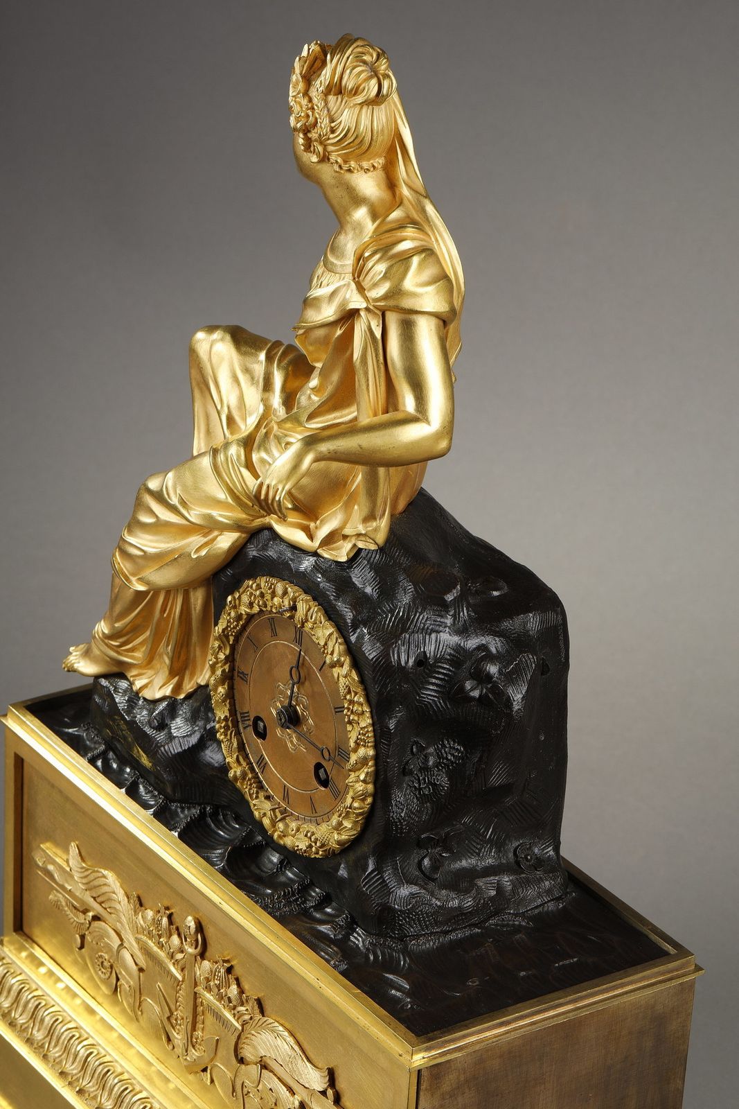 Restoration Period Clock In Gilt Bronze With A Young Woman photo vintage
