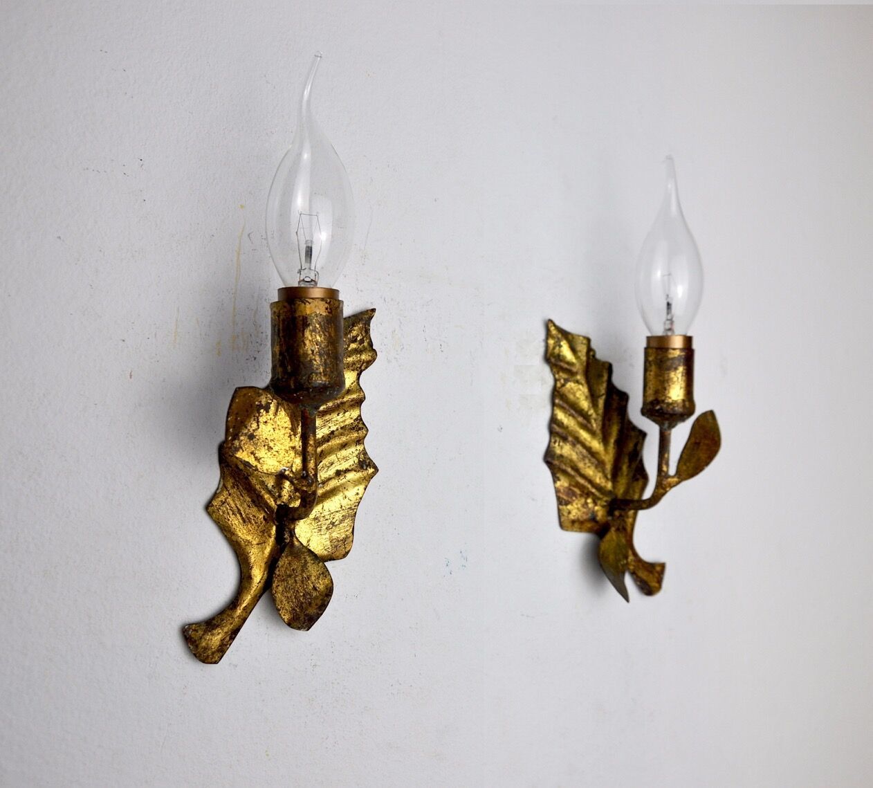 Pair Of Midcentury Wall Lamps "Leaves", Italy, 1970 photo for sale
