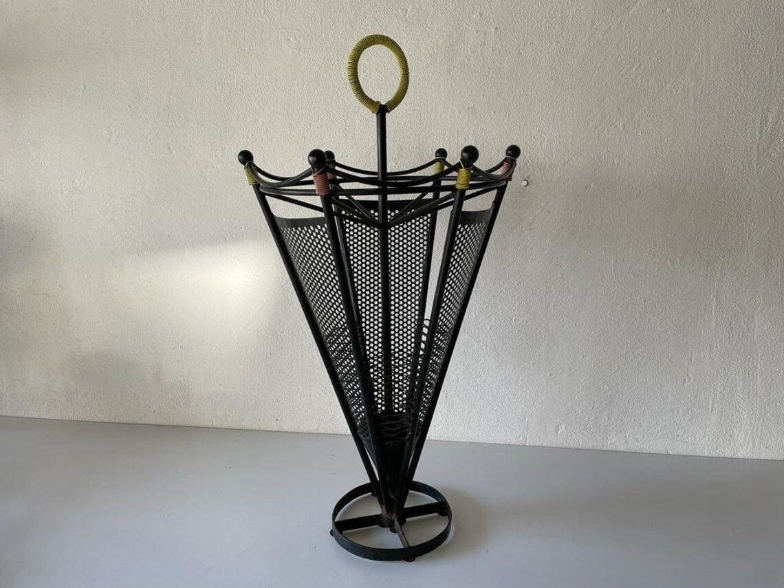 Black Metal 6 Slot Umbrella Stand With Yellow Circle Handle, 1950s