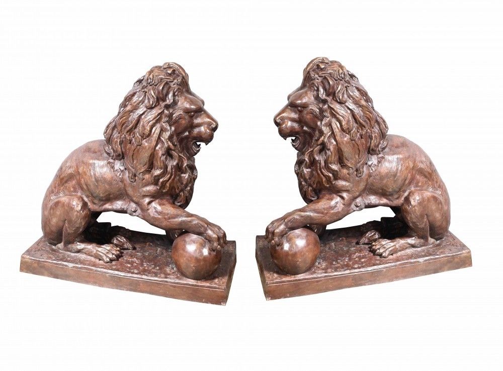 Pair Large Bronze Lion Statues   Medici Gatekeeper Lions