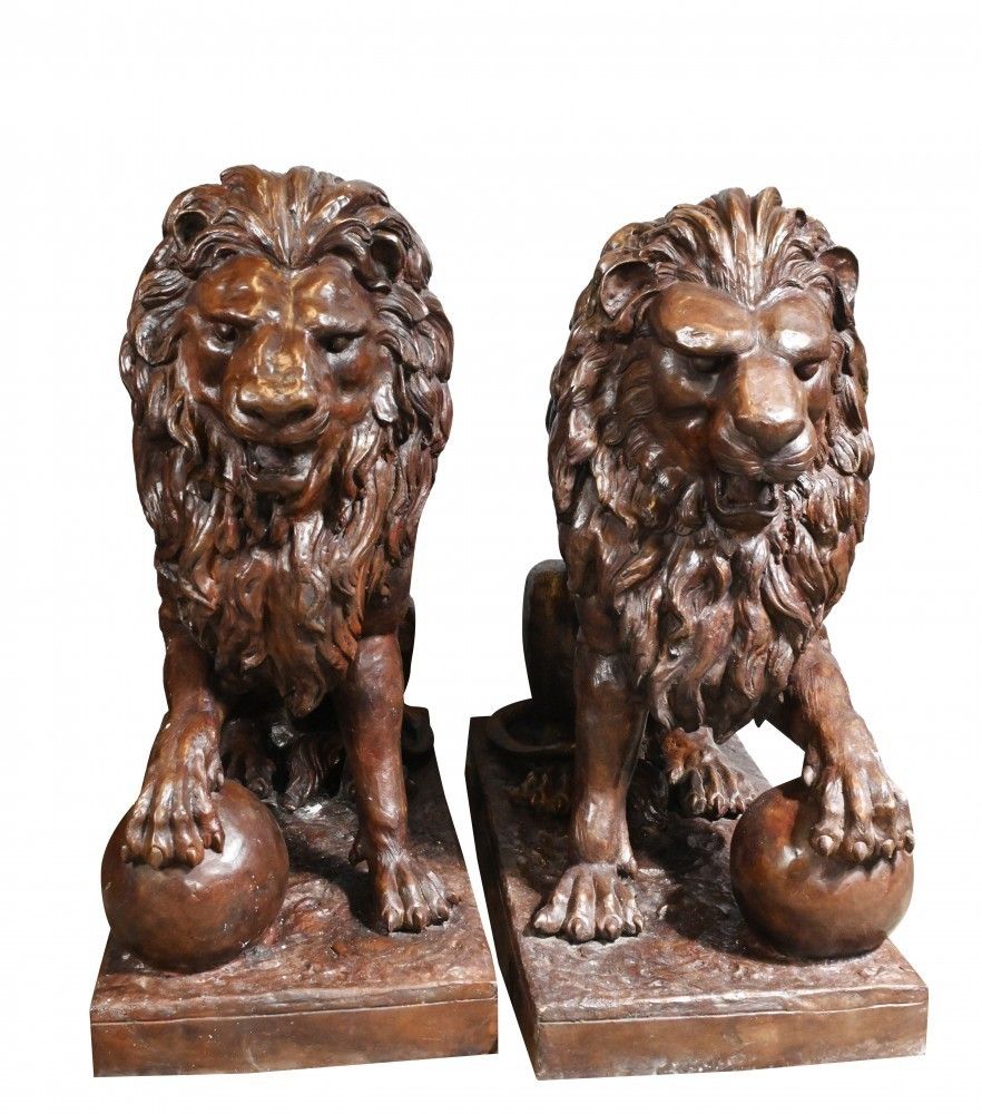 Pair Large Bronze Lion Statues   Medici Gatekeeper Lions photo for sale