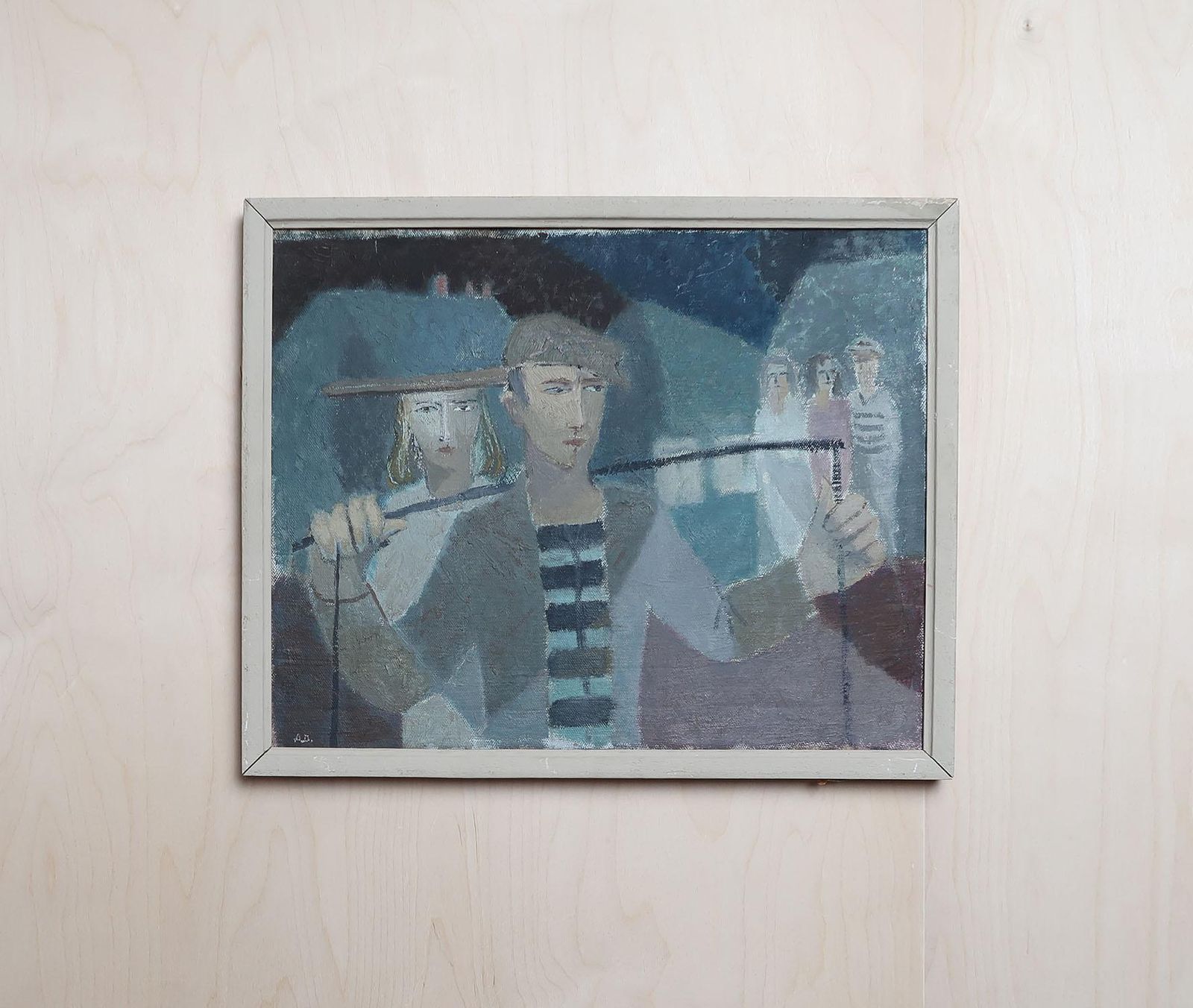 Naive School Painting Of A Fish Hawkers. C.1950 photo for sale