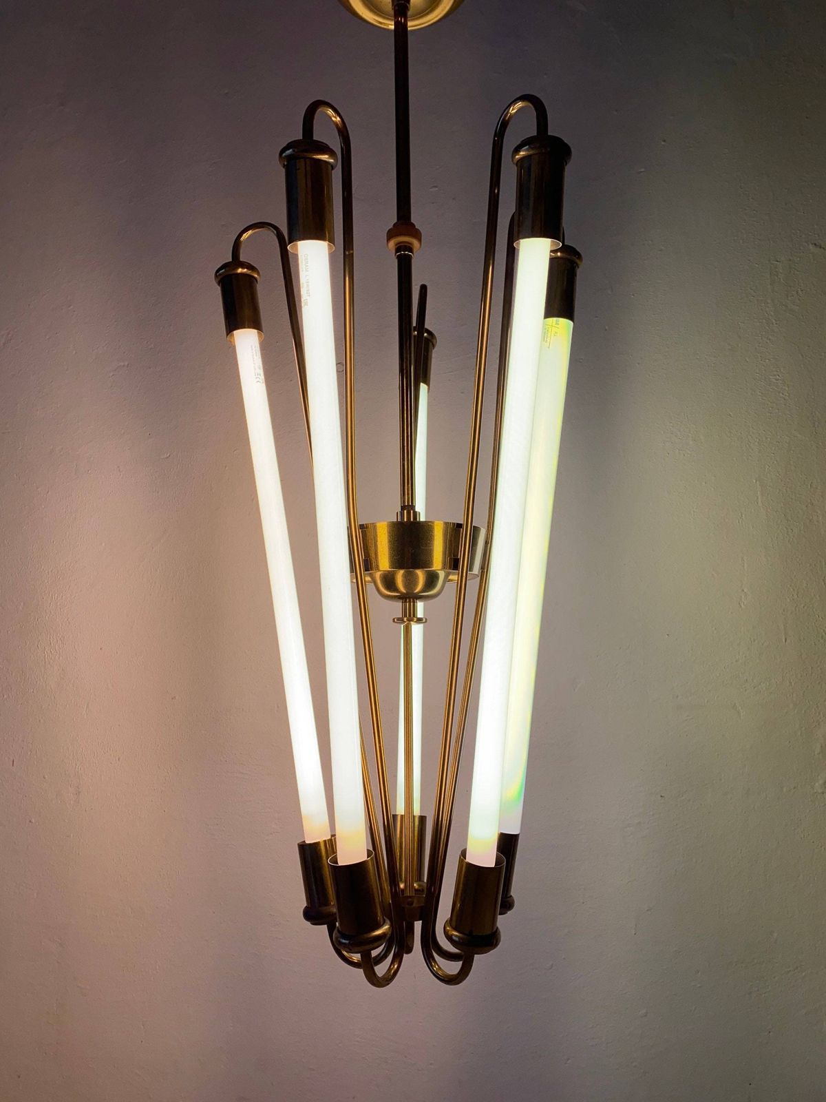 German Brass Art Deco Bauhaus Chandelier By Kaiser & Co. With Five Fluorescent Tubes, 1930s, Germany photo furniture