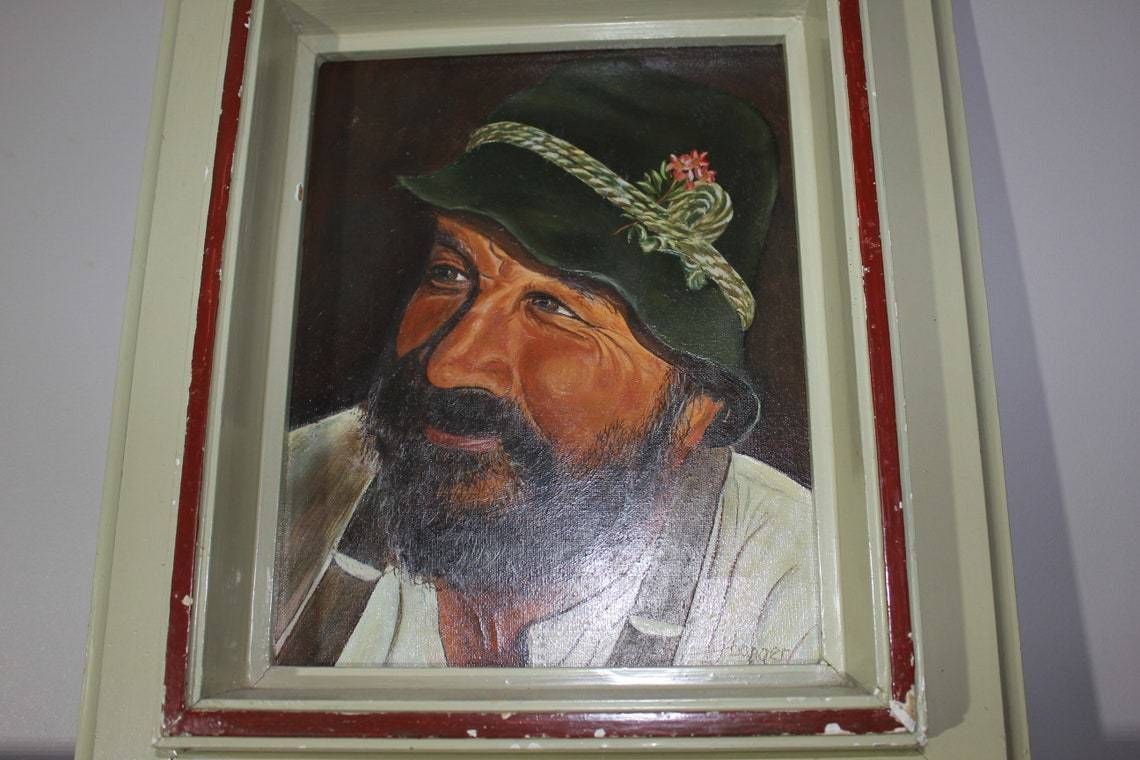 Vintage Portrait Of Man Oil Painting Original Art, Canvas Wall Art, Smiling Old Man Painting, Original Frame, Signed photo furniture