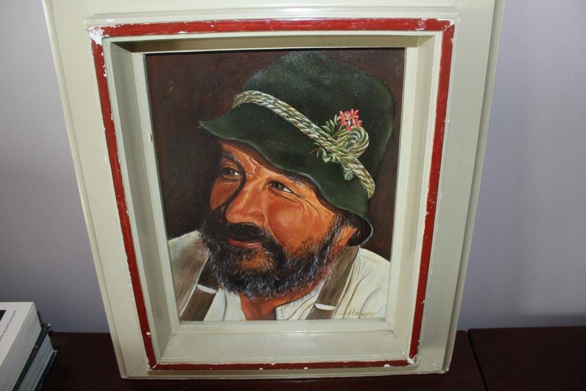 Vintage Portrait Of Man Oil Painting Original Art, Canvas Wall Art, Smiling Old Man Painting, Original Frame, Signed photo 310.0