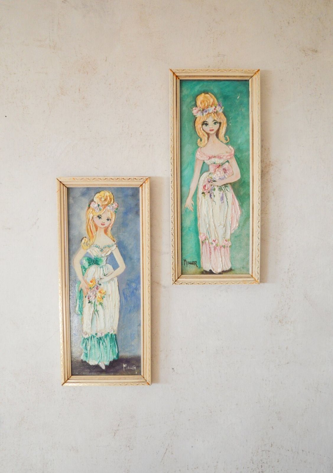Pair Of Early 19th Century Oil Paintings, Framed Twin Ladies In Pink & Green Evening Dresses Holding Flower Bougets, Signed By Artist Miller