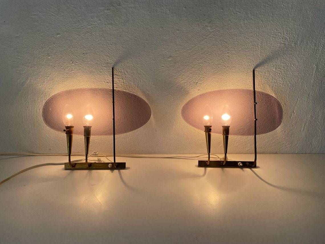 photo for sale Italian Rare Purple Lucite And Brass Pair Of Sconces, 1950s, Italy