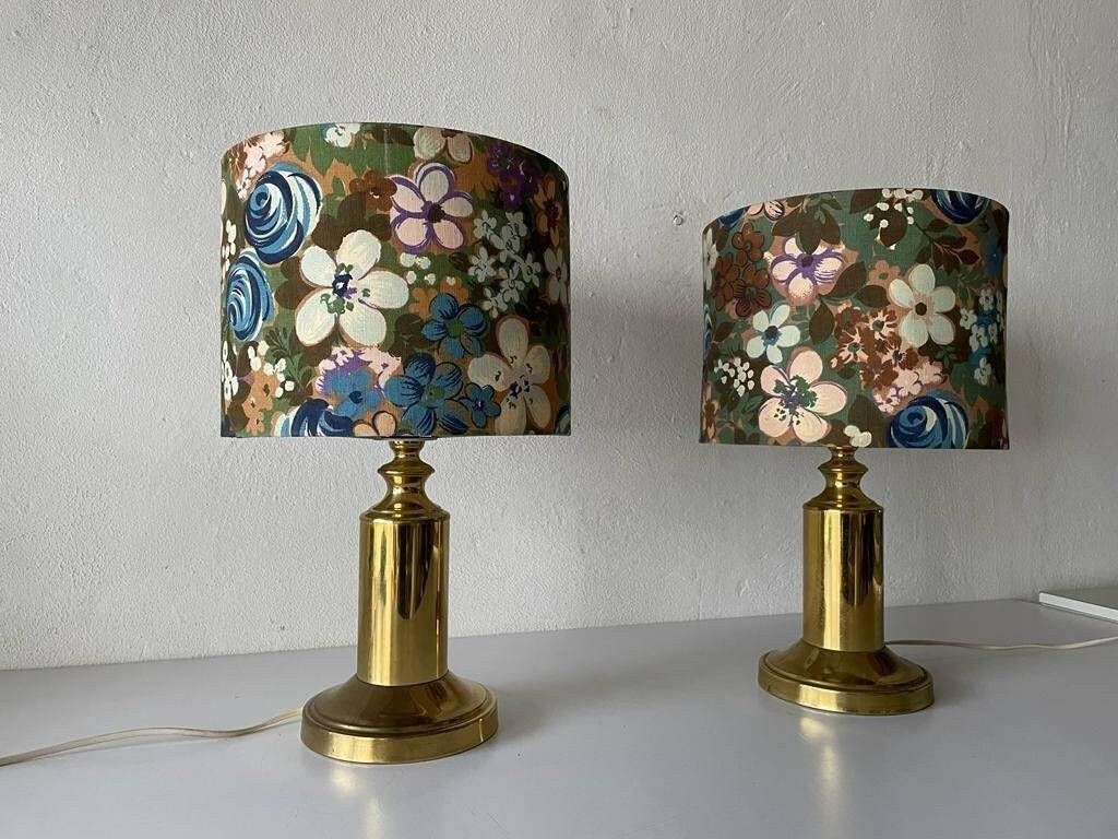 Beautiful Flower Illustrated Fabric Shade & Brass Pair Of Table Lamps, 1980s