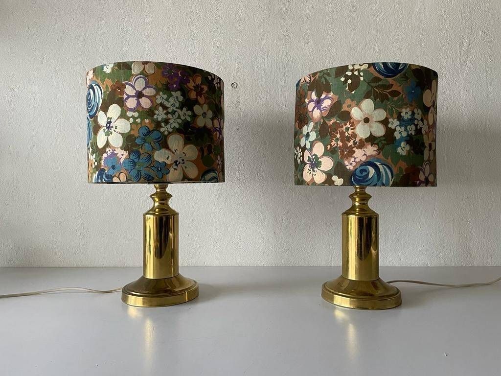 Beautiful Flower Illustrated Fabric Shade & Brass Pair Of Table Lamps, 1980s photo for sale