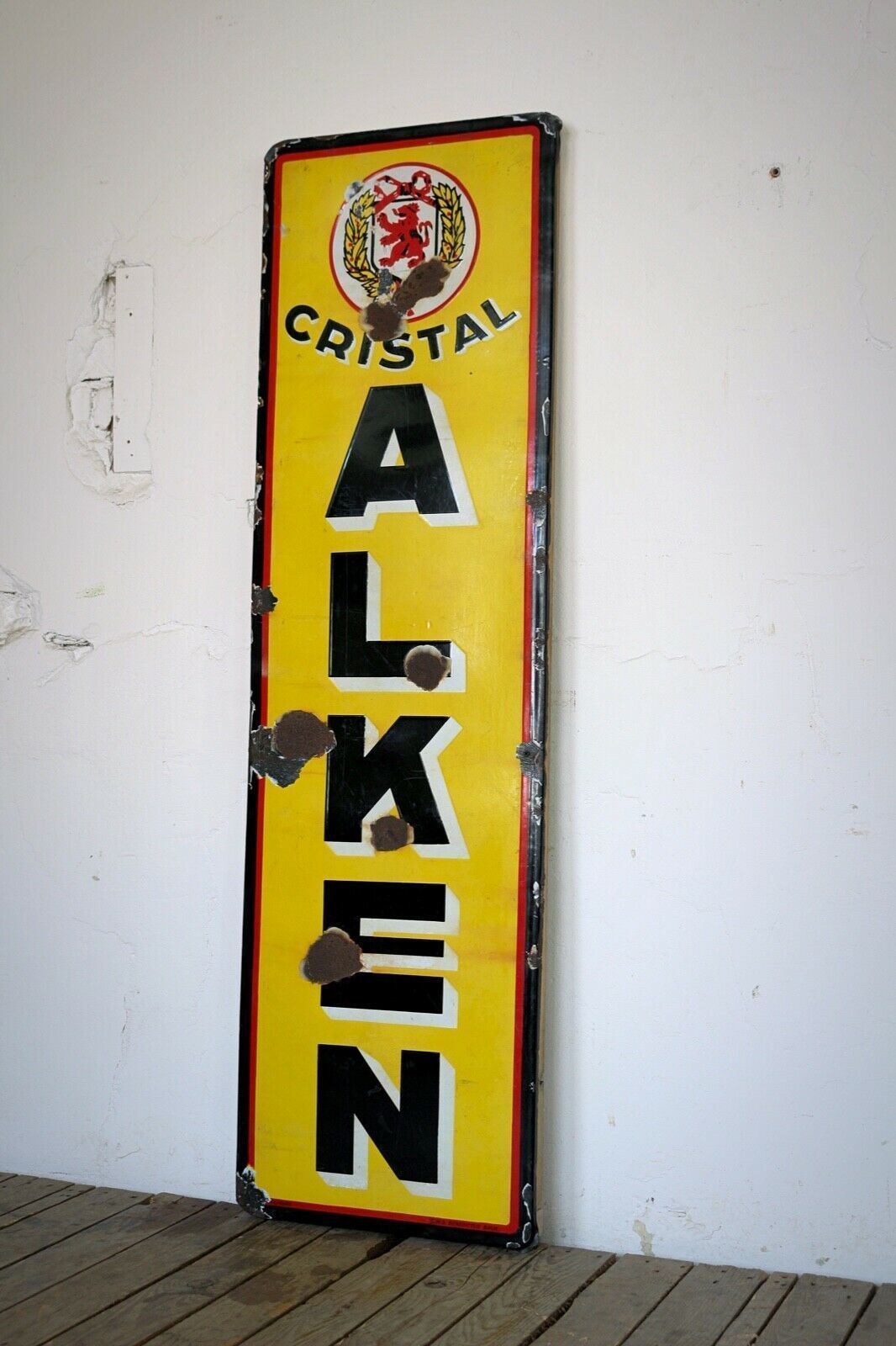 Vintage Cristal Alken Belgian Beer Enamel Advertising Mancave Sign photo for sale