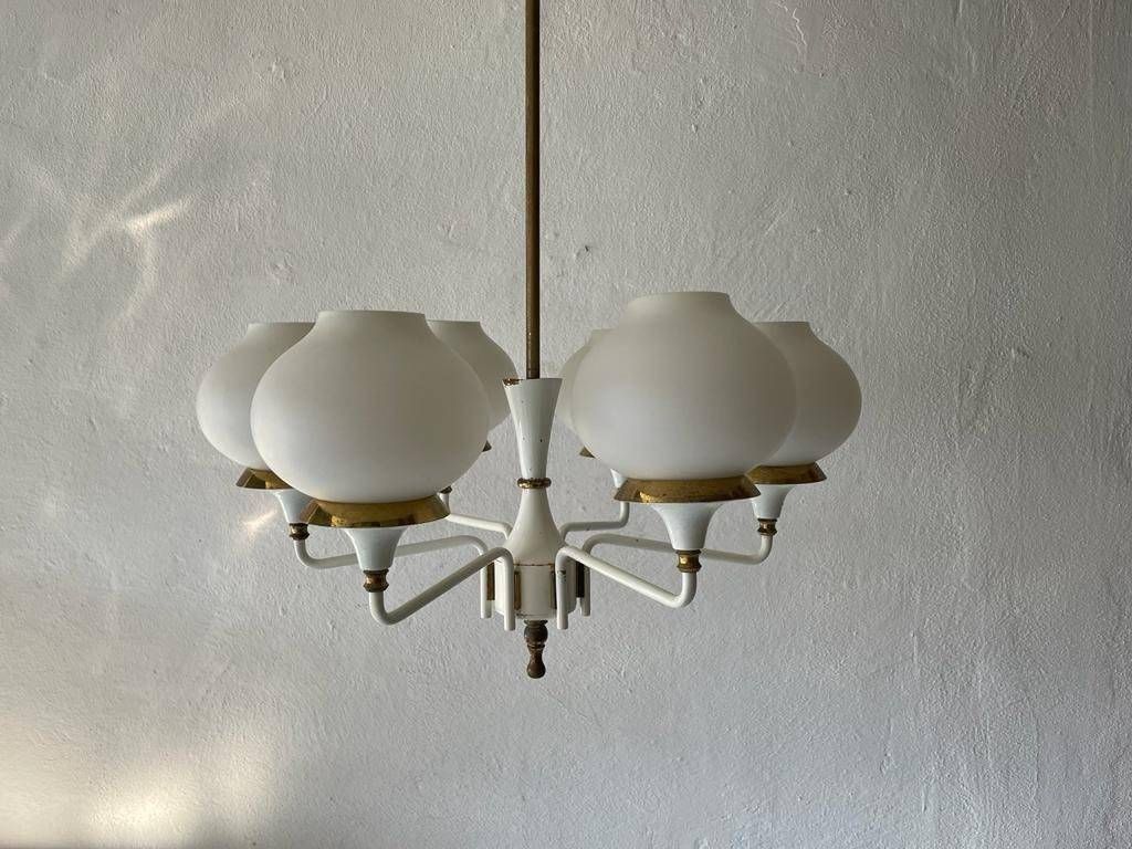 German Modern 6 Opal Glass And White Body Chandelier By Kaiser Leuchten, 1960s, Germany photo buy
