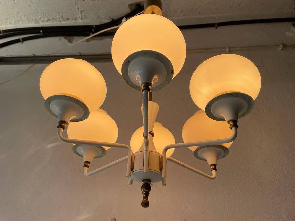 photo for sale German Modern 6 Opal Glass And White Body Chandelier By Kaiser Leuchten, 1960s, Germany