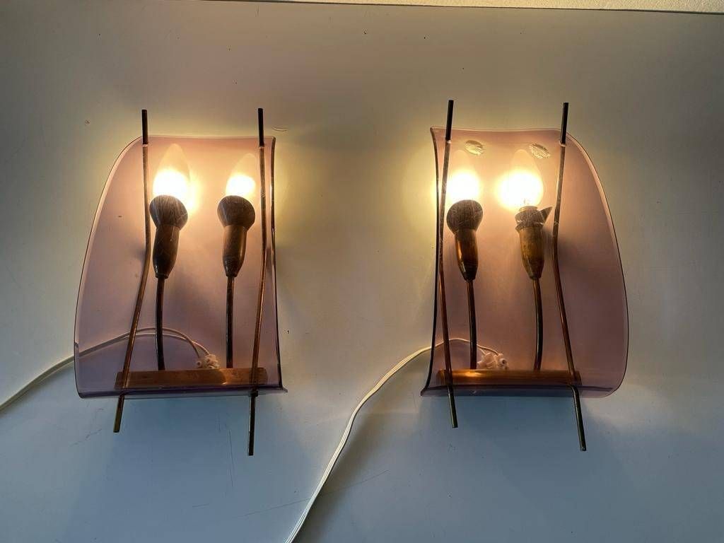 Italian Rare Purple Lucite And Brass Pair Of Sconces, 1950s, Italy photo furniture
