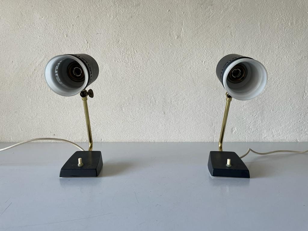 Mid Century Black Metal & Glass Pair Of Bedside Lamps, 1950s, Germany photo for sale
