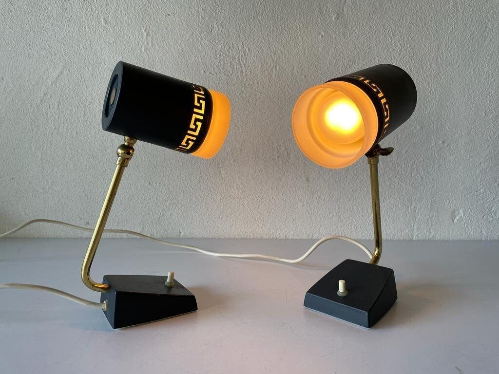 Mid Century Black Metal & Glass Pair Of Bedside Lamps, 1950s, Germany photo Lighting