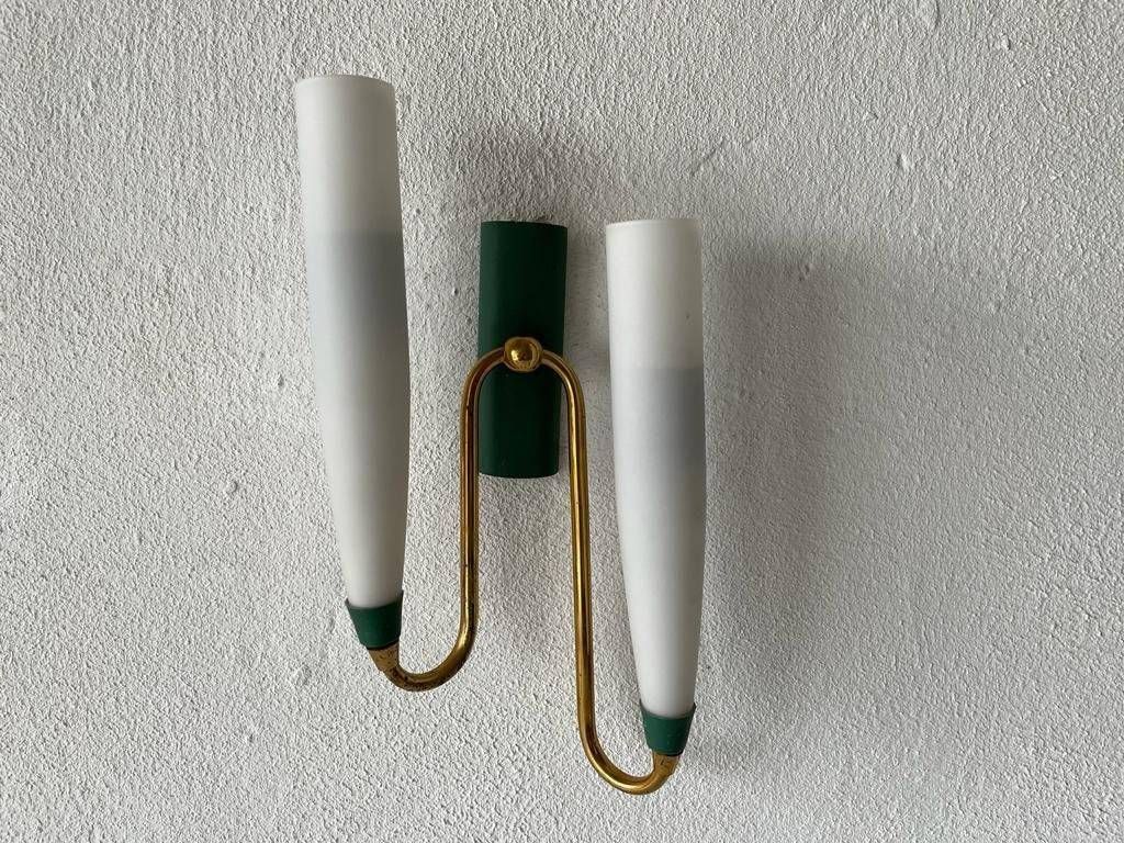 Mid Century Double Long Opal Glass & Green Metal Single Sconce, 1960s, Italy