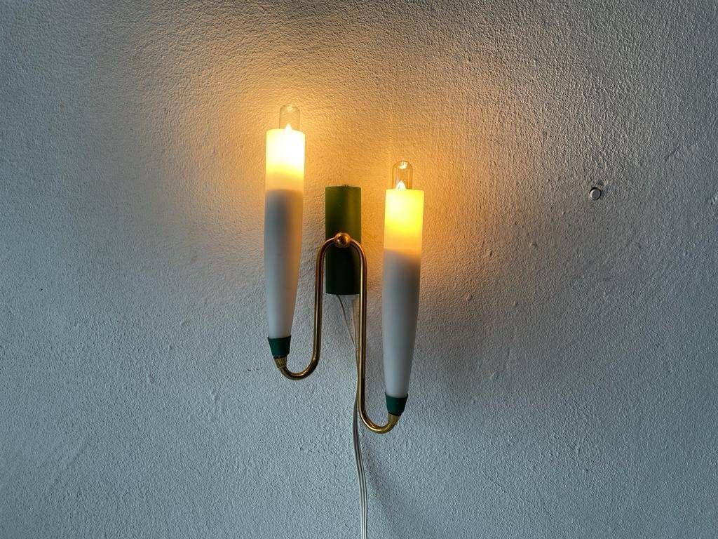 Mid Century Double Long Opal Glass & Green Metal Single Sconce, 1960s, Italy photo furniture