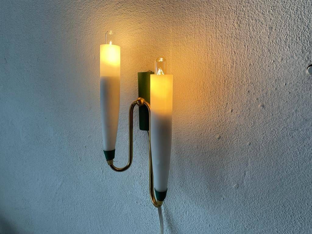 Mid Century Double Long Opal Glass & Green Metal Single Sconce, 1960s, Italy photo vintage