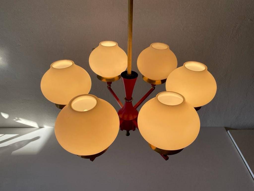 German Modern 6 Opal Glass And Bordeaux Body Chandelier By Kaiser Leuchten, 1960s, Germany photo for sale