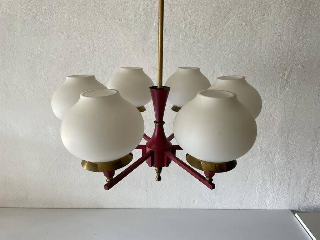 German Modern 6 Opal Glass And Bordeaux Body Chandelier By Kaiser Leuchten, 1960s, Germany photo Lighting