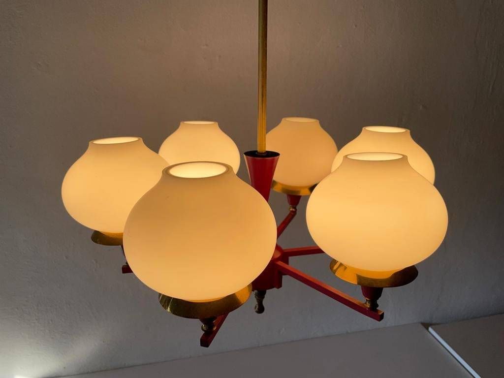 German Modern 6 Opal Glass And Bordeaux Body Chandelier By Kaiser Leuchten, 1960s, Germany photo 1526.44