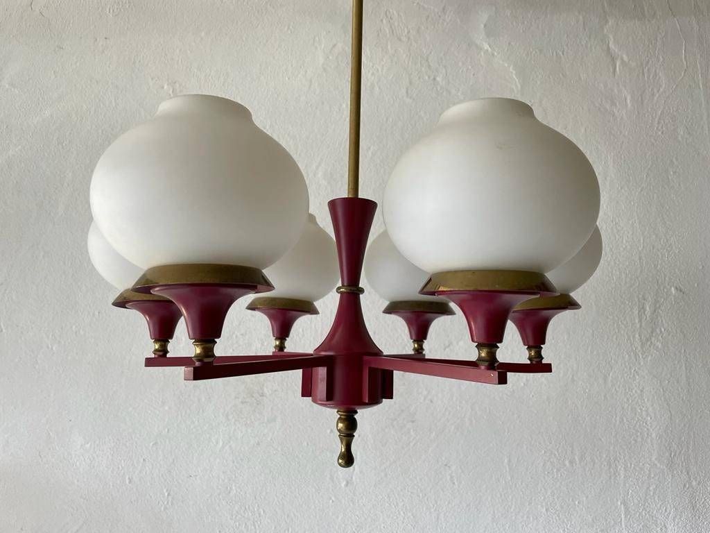 photo furniture German Modern 6 Opal Glass And Bordeaux Body Chandelier By Kaiser Leuchten, 1960s, Germany