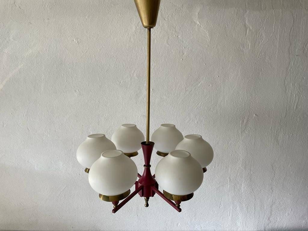 photo for sale German Modern 6 Opal Glass And Bordeaux Body Chandelier By Kaiser Leuchten, 1960s, Germany