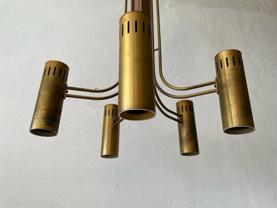 Exclusive 5 Armed Brass And Wood Flush Mount Chandelier Angelo Brotto For Esperia 1970s Italy photo for sale