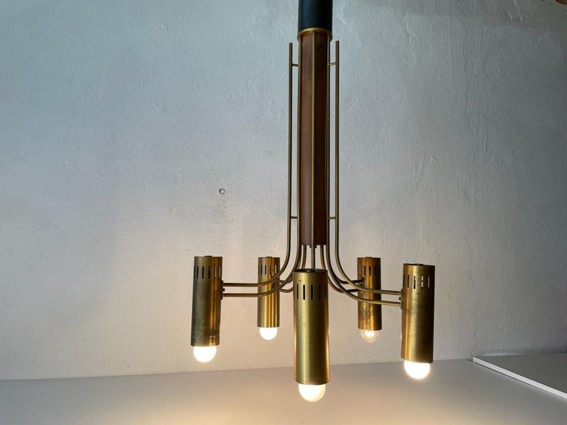 Exclusive 5 Armed Brass And Wood Flush Mount Chandelier Angelo Brotto For Esperia 1970s Italy photo Lighting