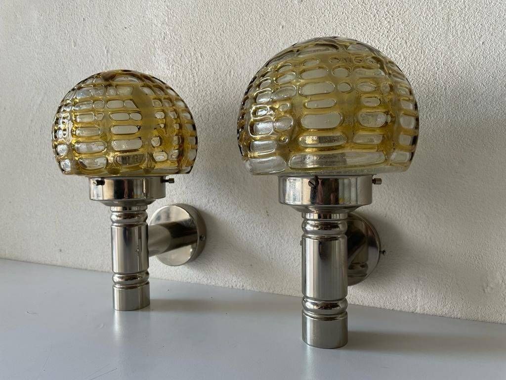 Rare Hand Blown Glass And Chrome Pair Of Sconces By Doria, 1960s, Germany photo for sale