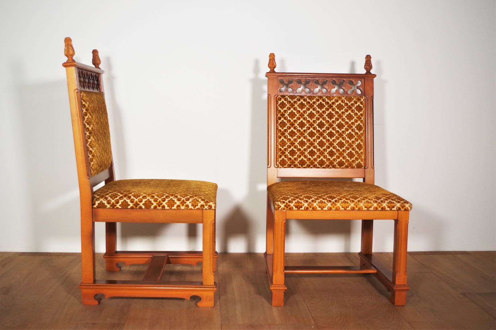 Carved And Turned Wooden Chairs And Decorated Velvet Seat, 70s photo vintage