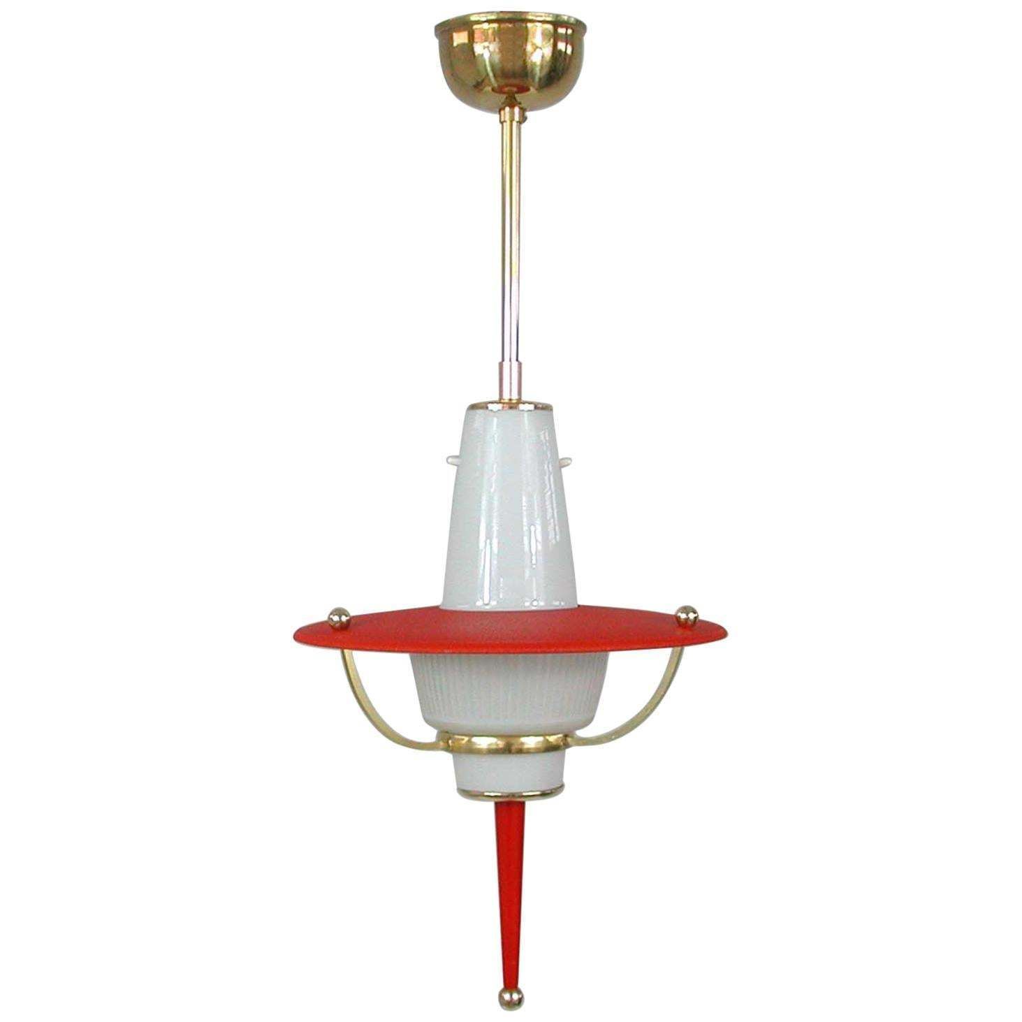 Modernist 1950s Italian Red Lantern, Milk Glass & Brass