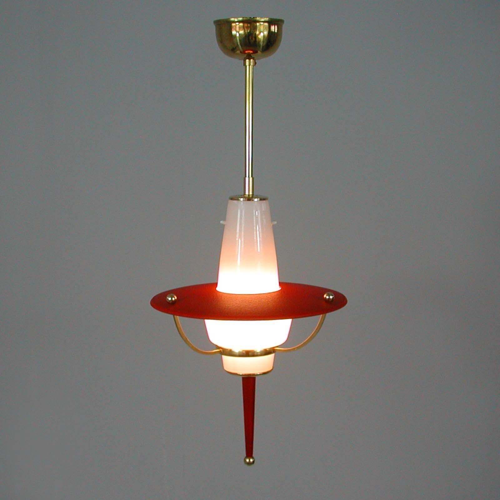 Modernist 1950s Italian Red Lantern, Milk Glass & Brass photo 800.0