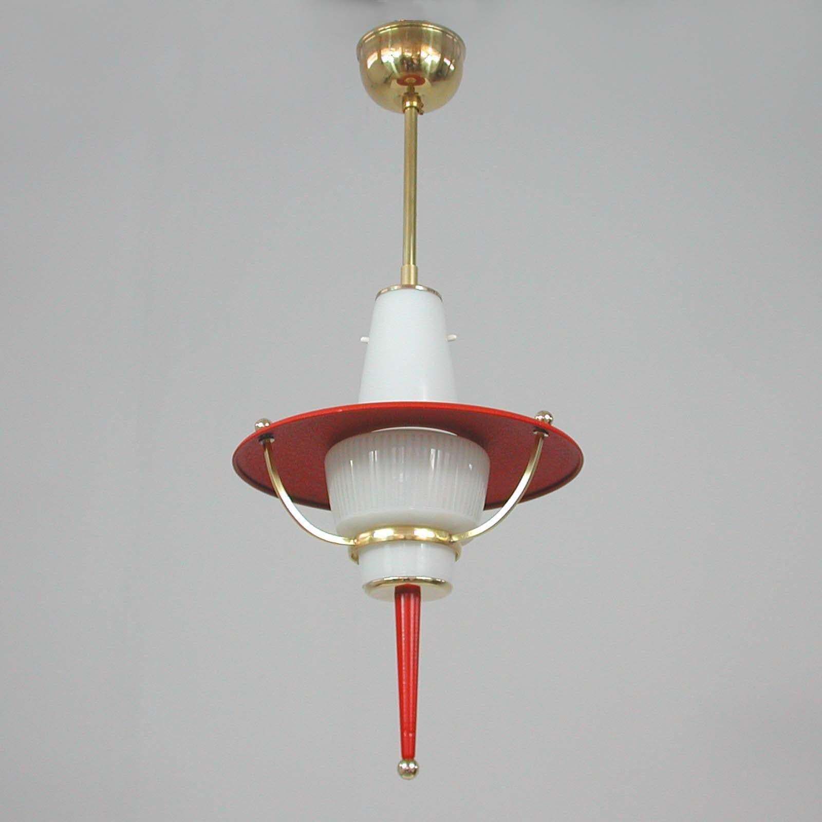 800.0 Modernist 1950s Italian Red Lantern, Milk Glass & Brass photo