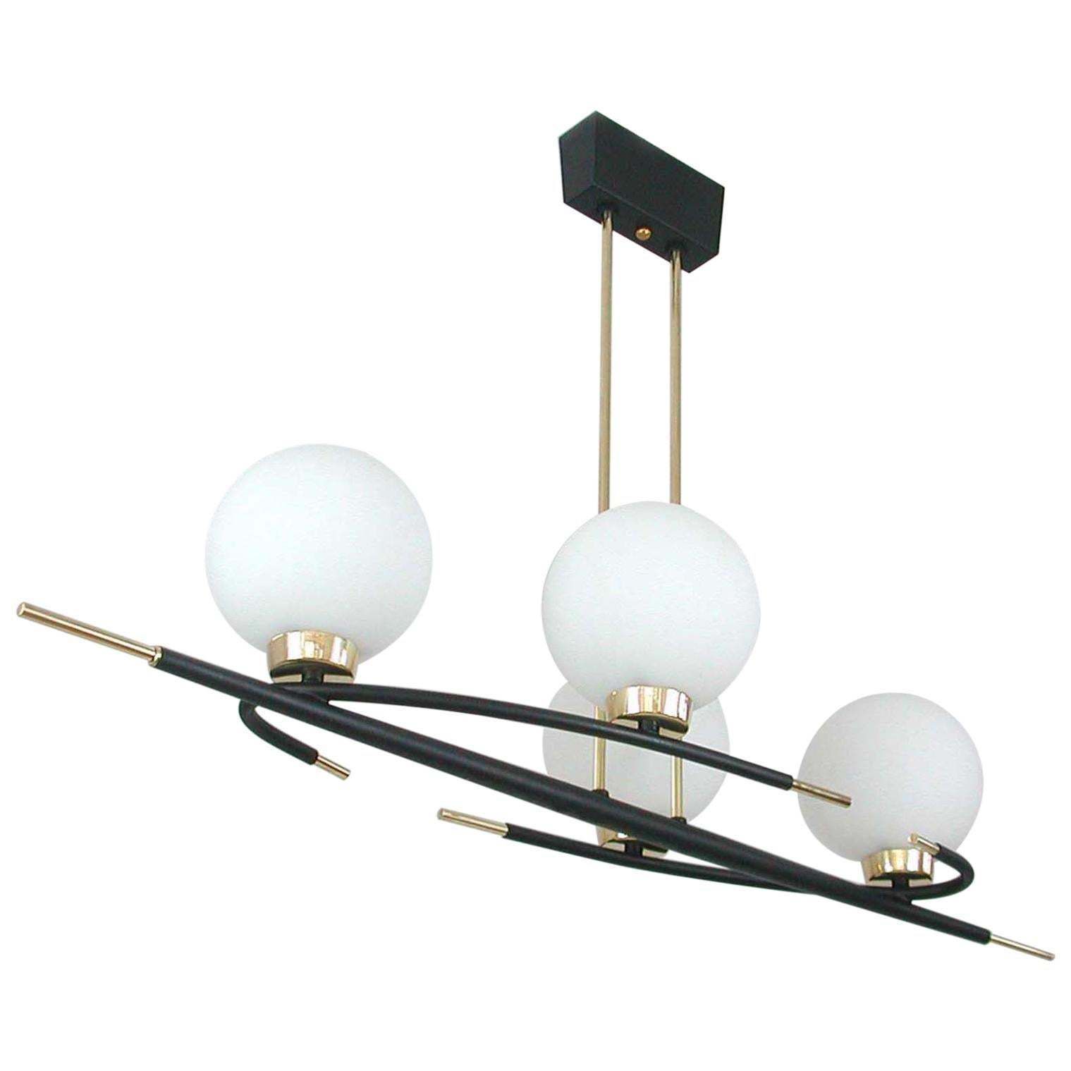 French Maison Arlus Brass And Opaline Glass Chandelier, 1960s