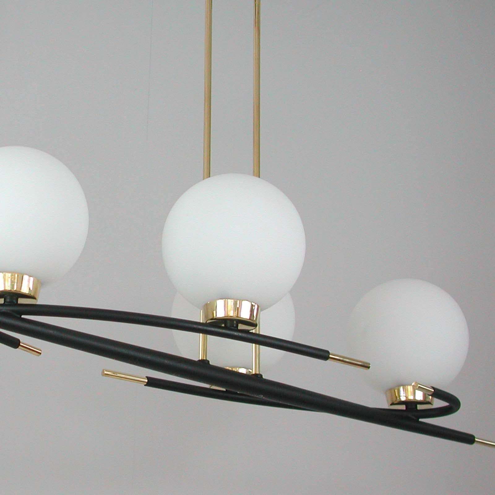 French Maison Arlus Brass And Opaline Glass Chandelier, 1960s photo vinterior