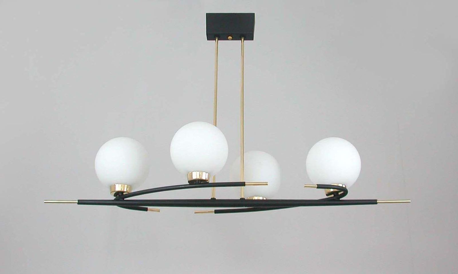 photo for sale French Maison Arlus Brass And Opaline Glass Chandelier, 1960s