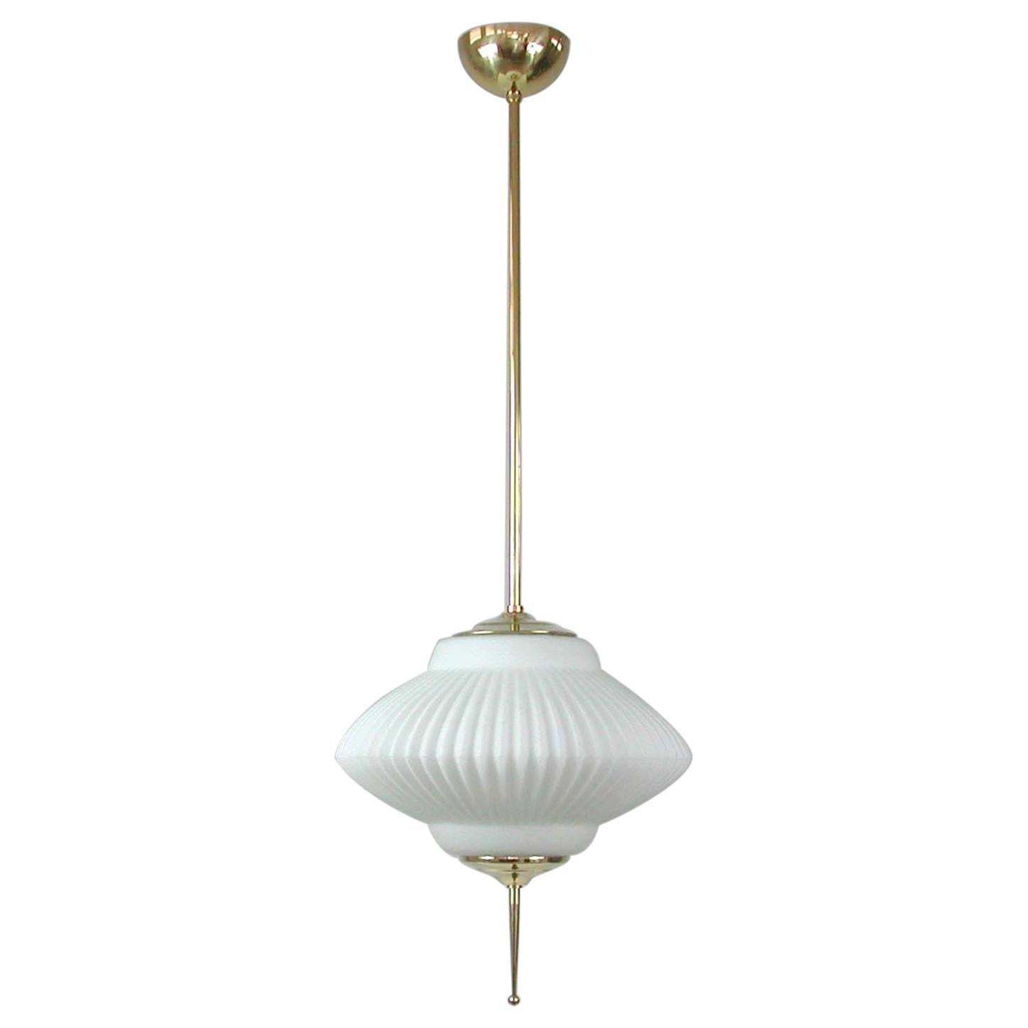 Midcentury Ribbed Milk Glass & Brass Globe Pendant, Stilnovo 'Attr.'