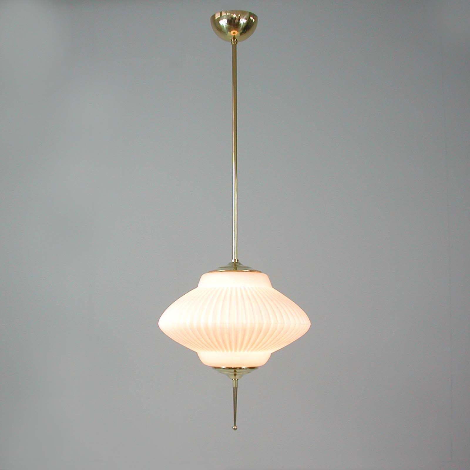 Midcentury Ribbed Milk Glass & Brass Globe Pendant, Stilnovo 'Attr.' photo for sale