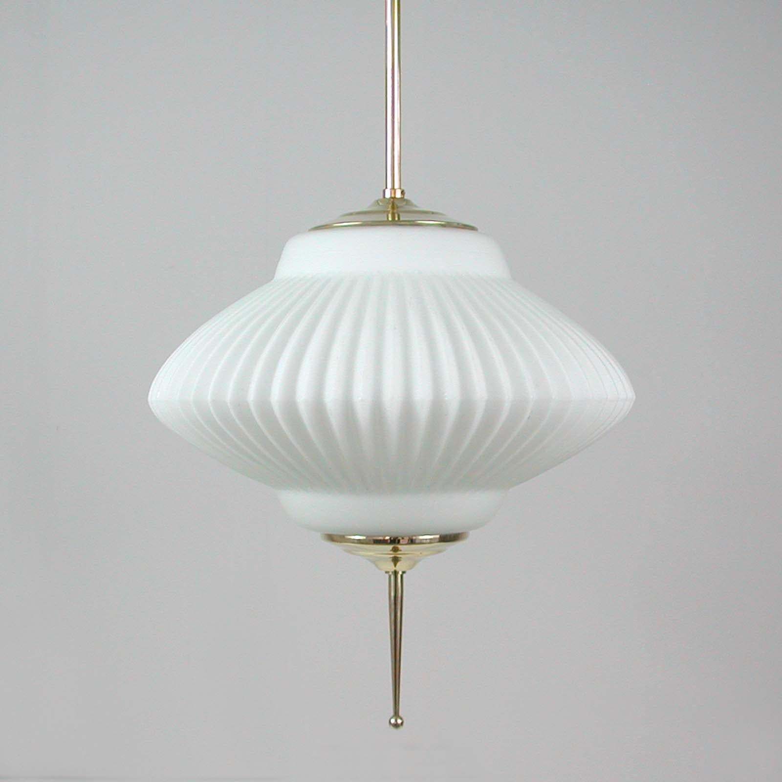 Midcentury Ribbed Milk Glass & Brass Globe Pendant, Stilnovo 'Attr.' photo Lighting